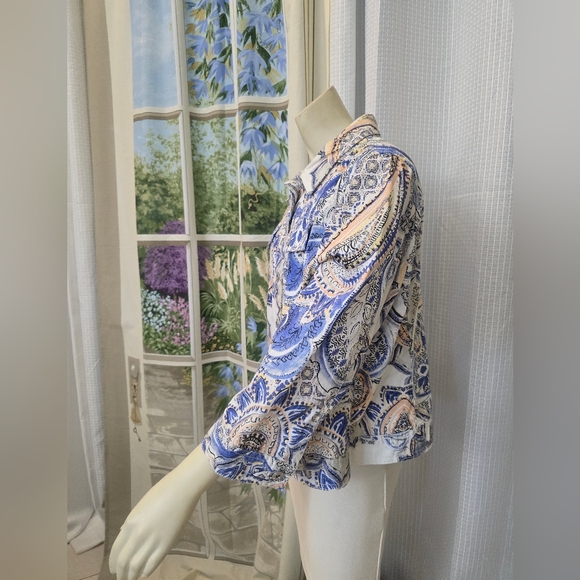 Chico's Button Front Jacket BLue Paisley Print Cotton XL/16 (Chico's Sz 3) - Picture 4 of 14